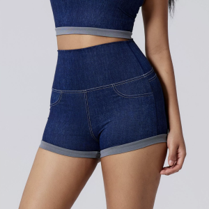 Women’s Faux Denim High-Waist Wrap Yoga Shorts – Deep Navy