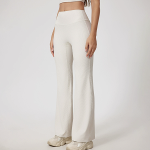 Women’s Ribbed High-Waist Flare Leg Sculpting Pants – Eggshell White